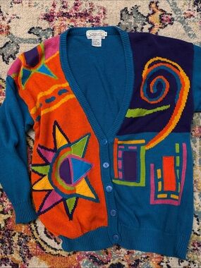 Vintage 80s Santoria Colorblock Art Cardigan - Teal, Orange & Purple
